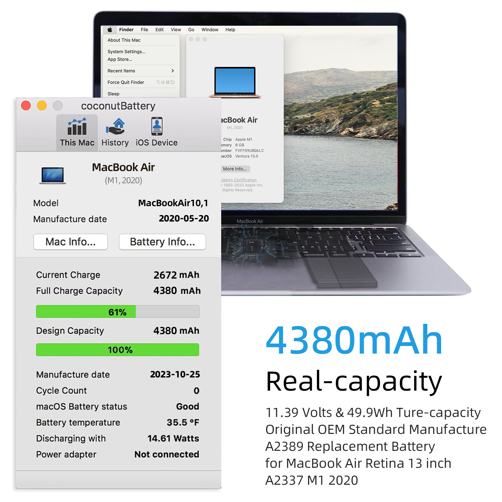 A2389 Replacement Battery for MacBook Air Retina 13 Inch Model A2337 2020 M1 EMC 3598