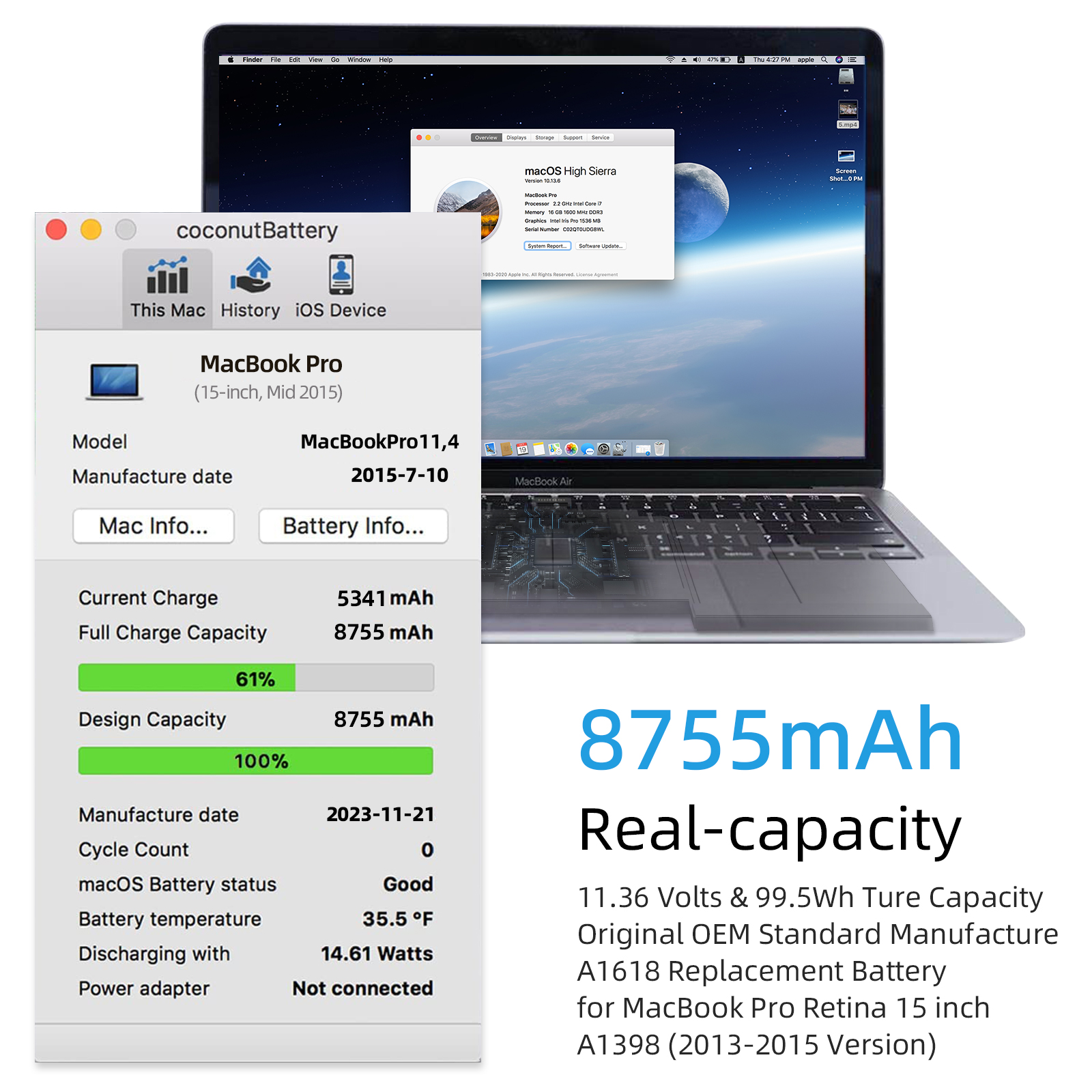A1618 Battery for MacBook Pro 15 Inch Model A1398 EMC 2674 2745 2876 2881 2909 2910