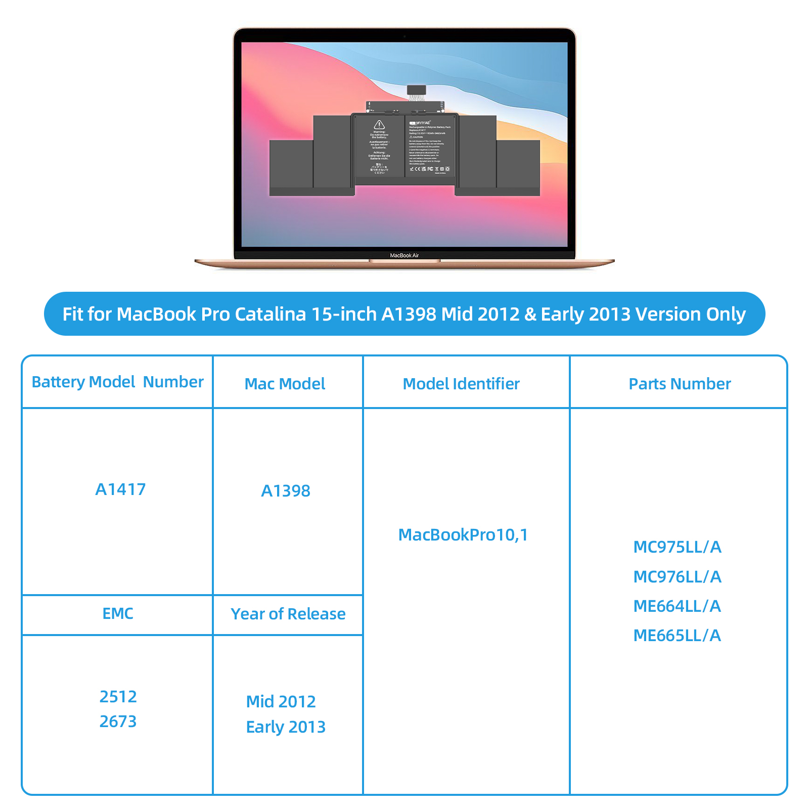 A1417 Battery for MacBook Pro 15 Inch Model A1398 EMC 2512 2673