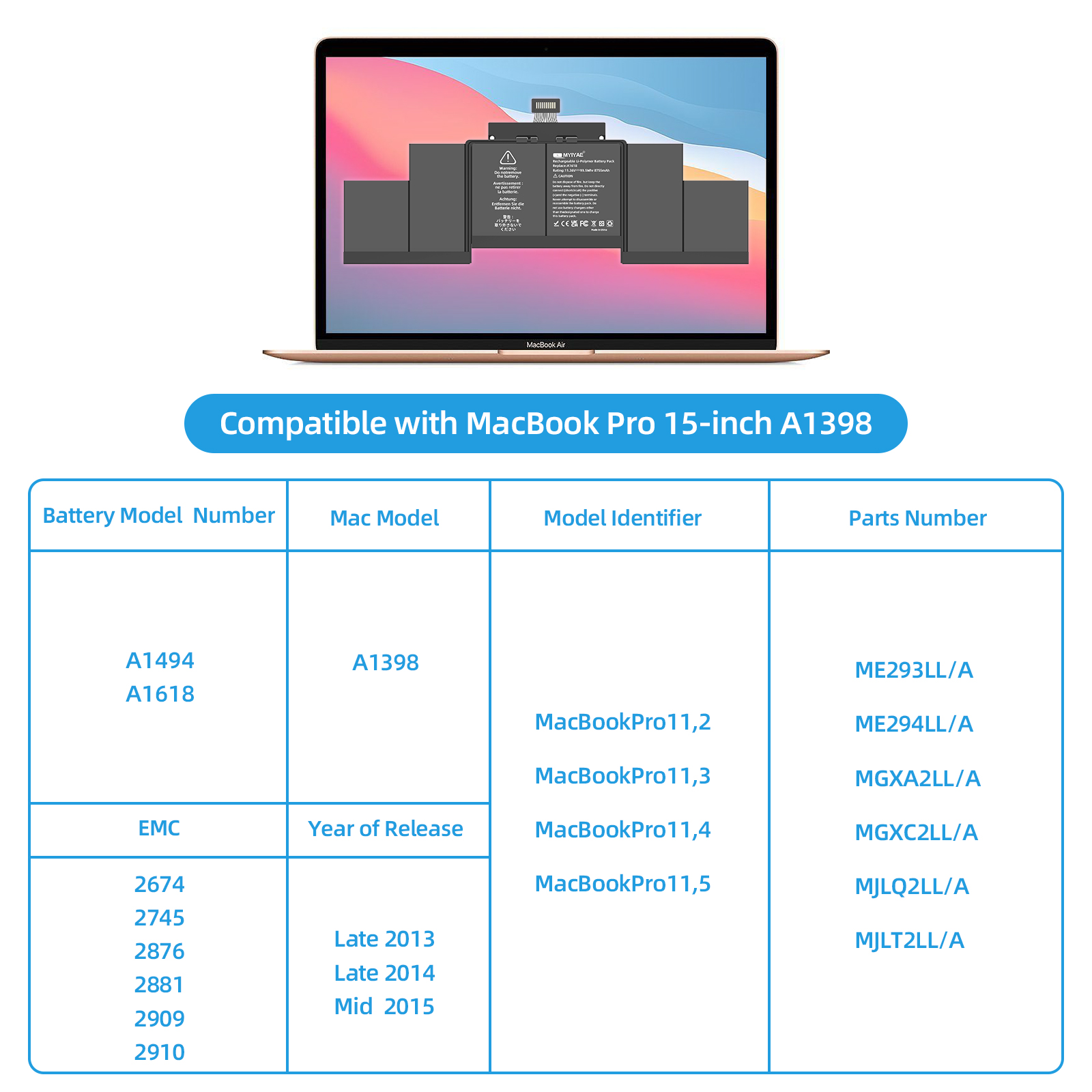 A1618 Battery for MacBook Pro 15 Inch Model A1398 EMC 2674 2745 2876 2881 2909 2910