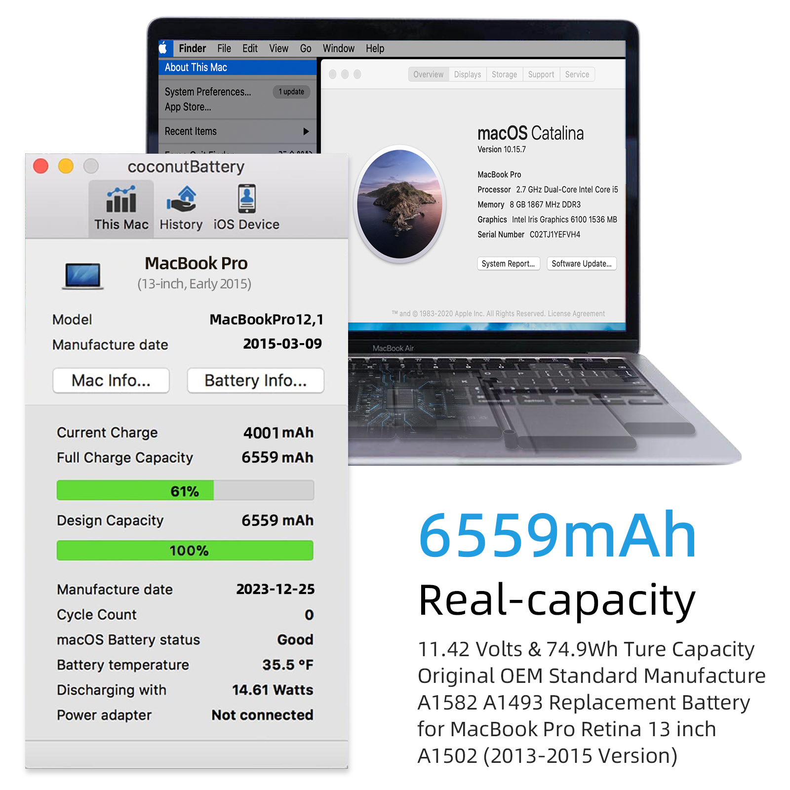 A1582 A1493 Battery for MacBook Pro Retina 13 Inch Model A1502 EMC 2678 2875 2835